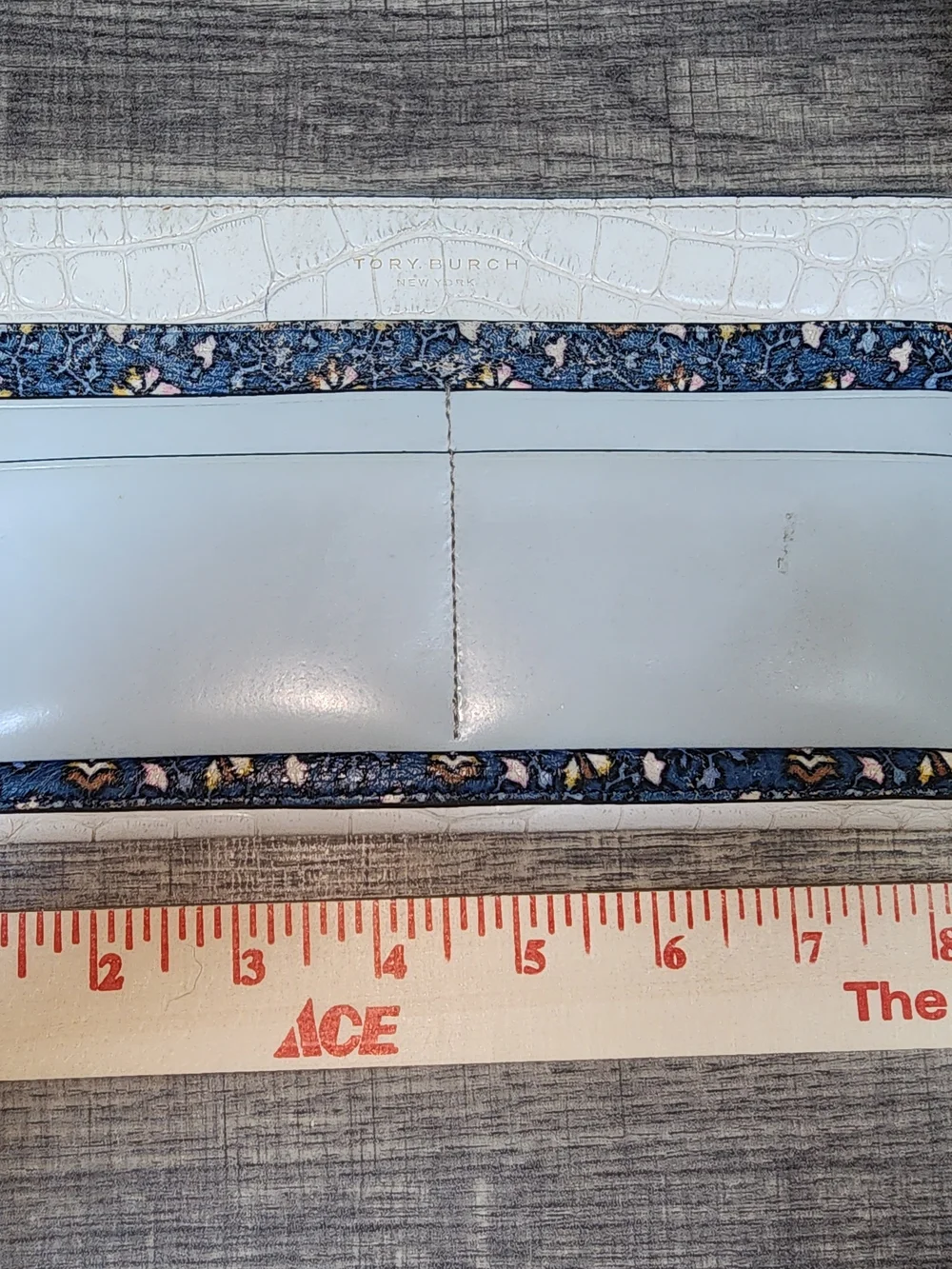Tory Burch White Croc-Embossed Wallet with Navy Floral Trim
